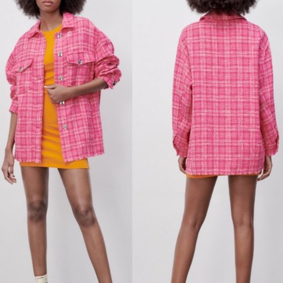 Zara Tops - NWT ZARA WOVEN PLAID OVER SIZE SHIRT PINK / WHITE XS